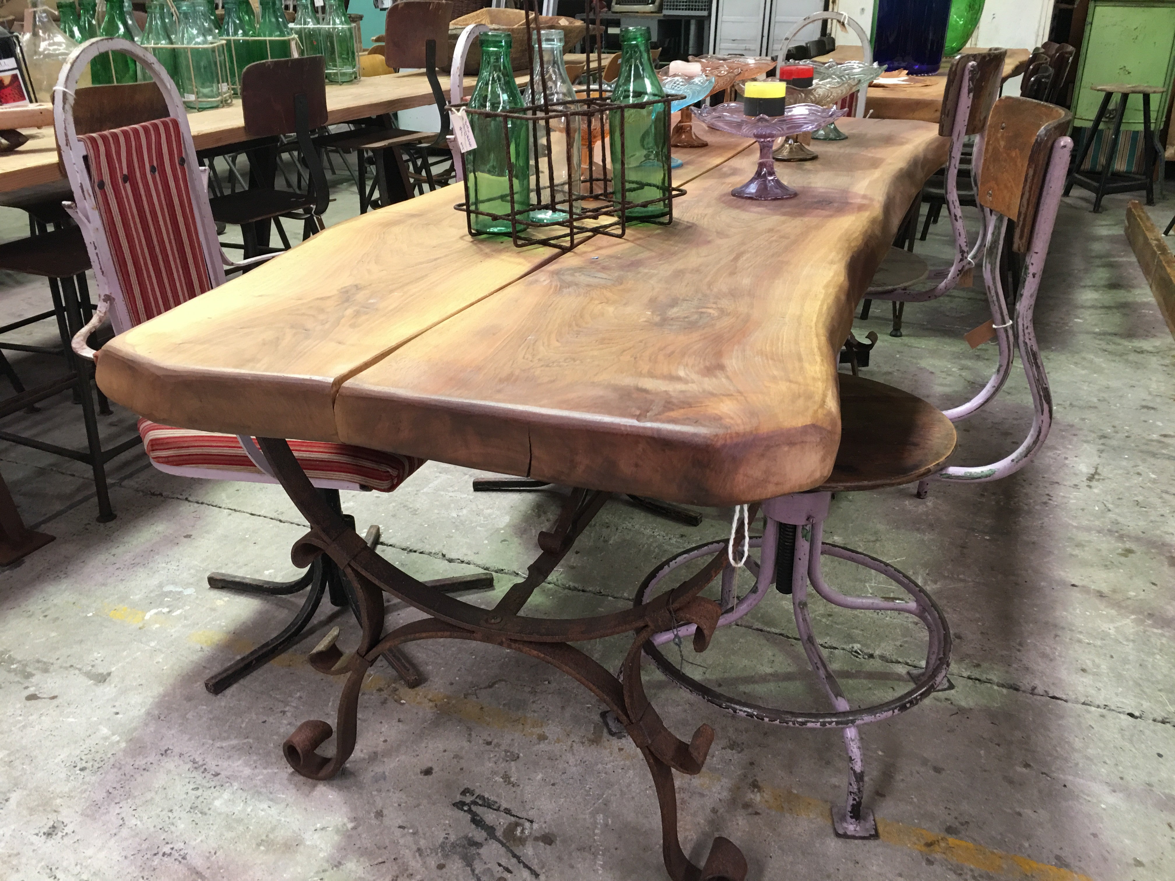 Vintage industrial French wooden farmhouse chestnut table #1397