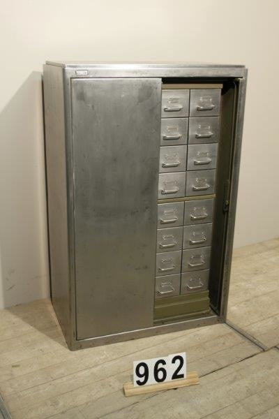 Vintage industrial Czech metal medical cabinet with fold out doors #953