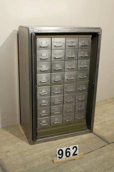 Vintage industrial Czech metal medical cabinet with fold out doors #953