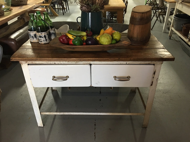 Vintage industrial European enamel butcher table #1870