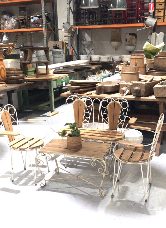 Vintage industrial European garden setting bench and 2 chairs #2429 table not included