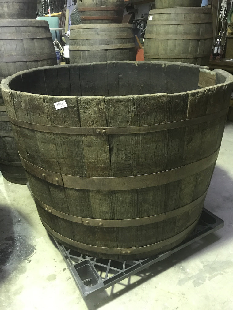 Vintage industrial French oak huge round wine barrel #1689