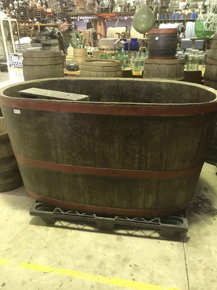 Vintage industrial French oak huge oval wine barrel #1671