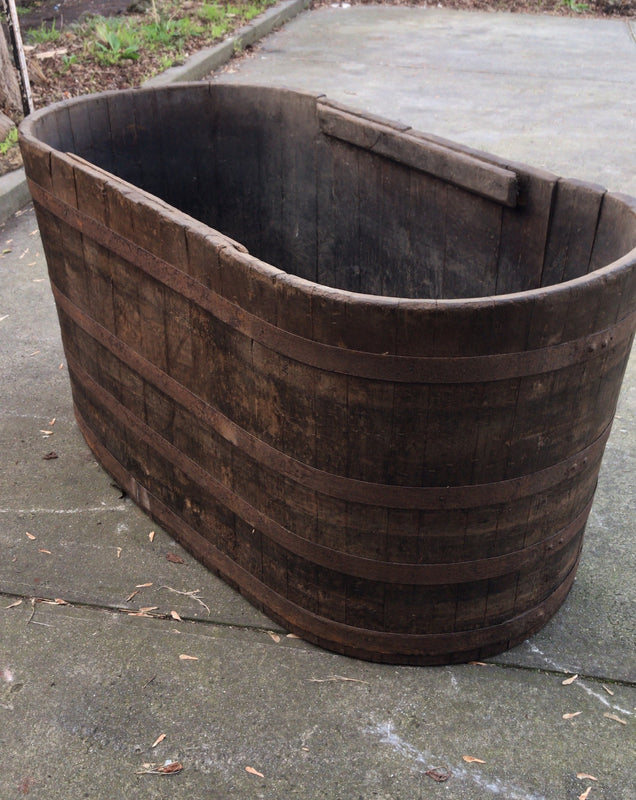 Vintage industrial French oak oval half wine barrel bath tub #2444