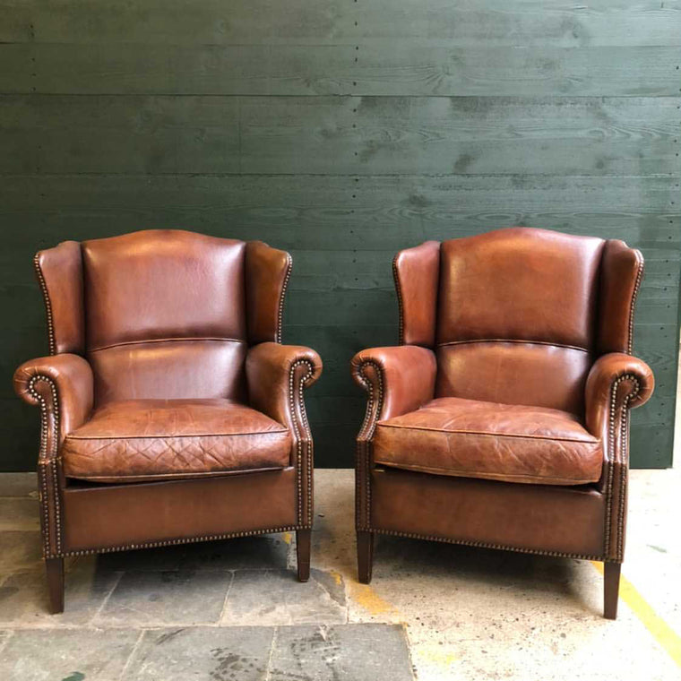 Vintage  French 1940s leather club chair SET  #3141