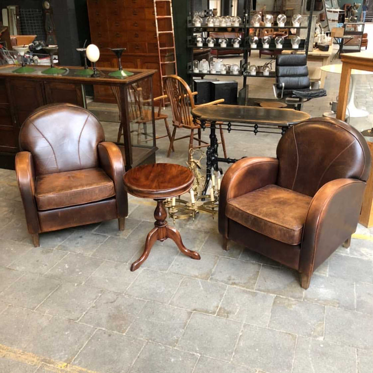 Vintage  French 1940s Art Deco leather club chairs SET  # B3135A  BYRON