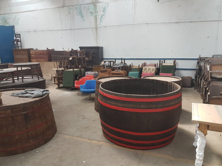 Vintage industrial French oak huge round wine barrel #1905