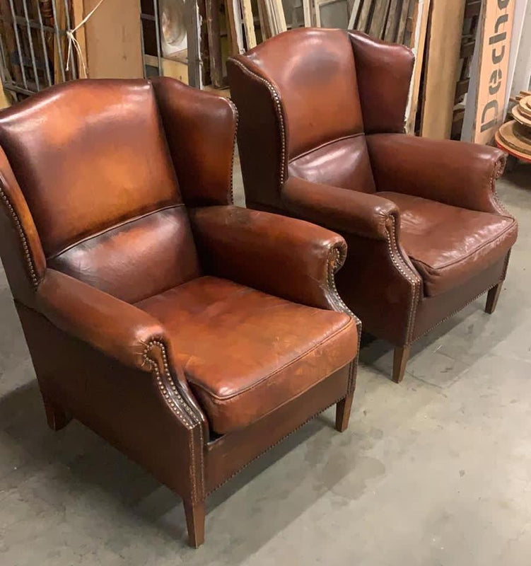Vintage  French 1940s set of  leather wingback chairs VLS #3183