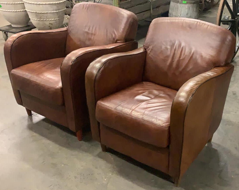 Vintage French 1940s set of leather club chairs VLS #3184