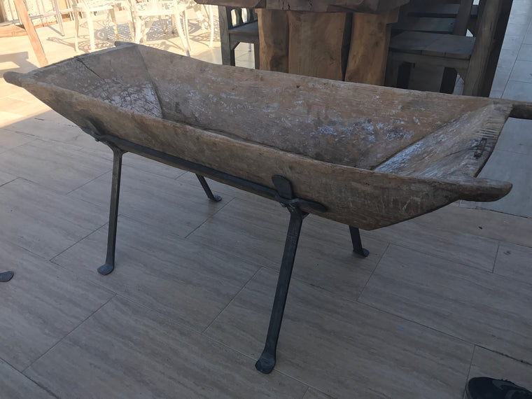 Vintage industrial Turkish wooden dough bowl and wrought iron stand #2006