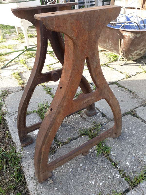 Vintage industrial European workbench table cast iron legs #2664