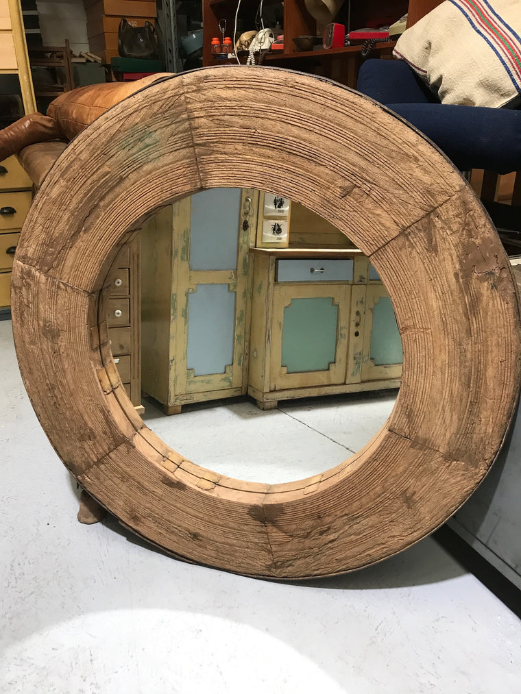 Vintage European 1940s wooden wagon wheel mirror #2556