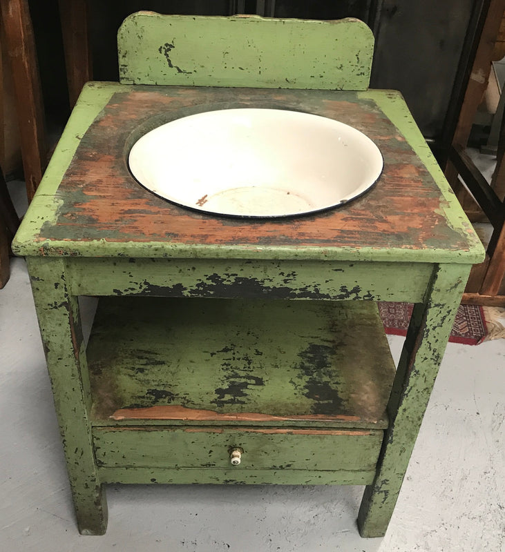 Vintage industrial European wooden wash stand with enamel bowl #2154