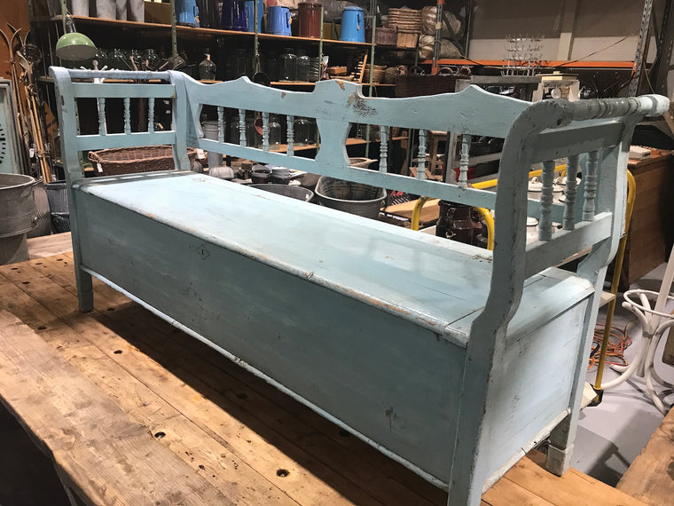 Vintage industrial Hungarian 1930s wooden kitchen bench seat #2147 blue