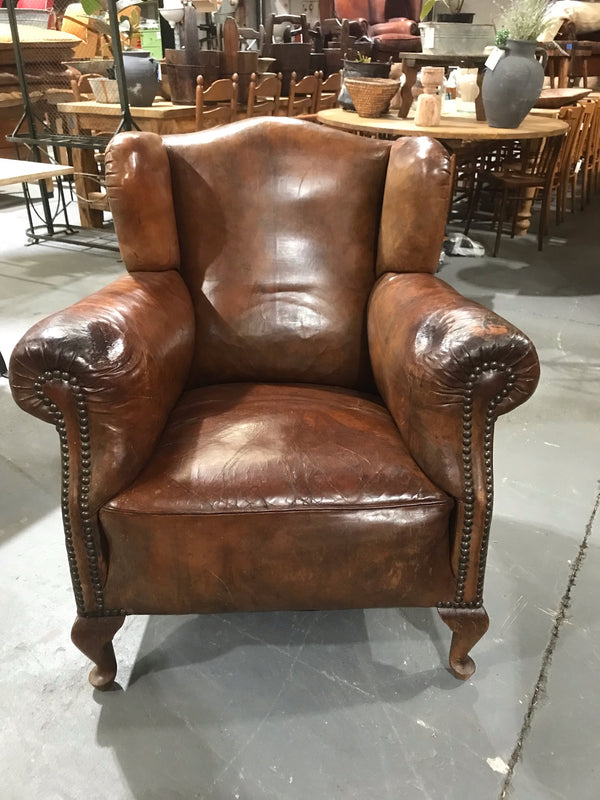 Vintage French 1940s Leather Club Chair  #3512
