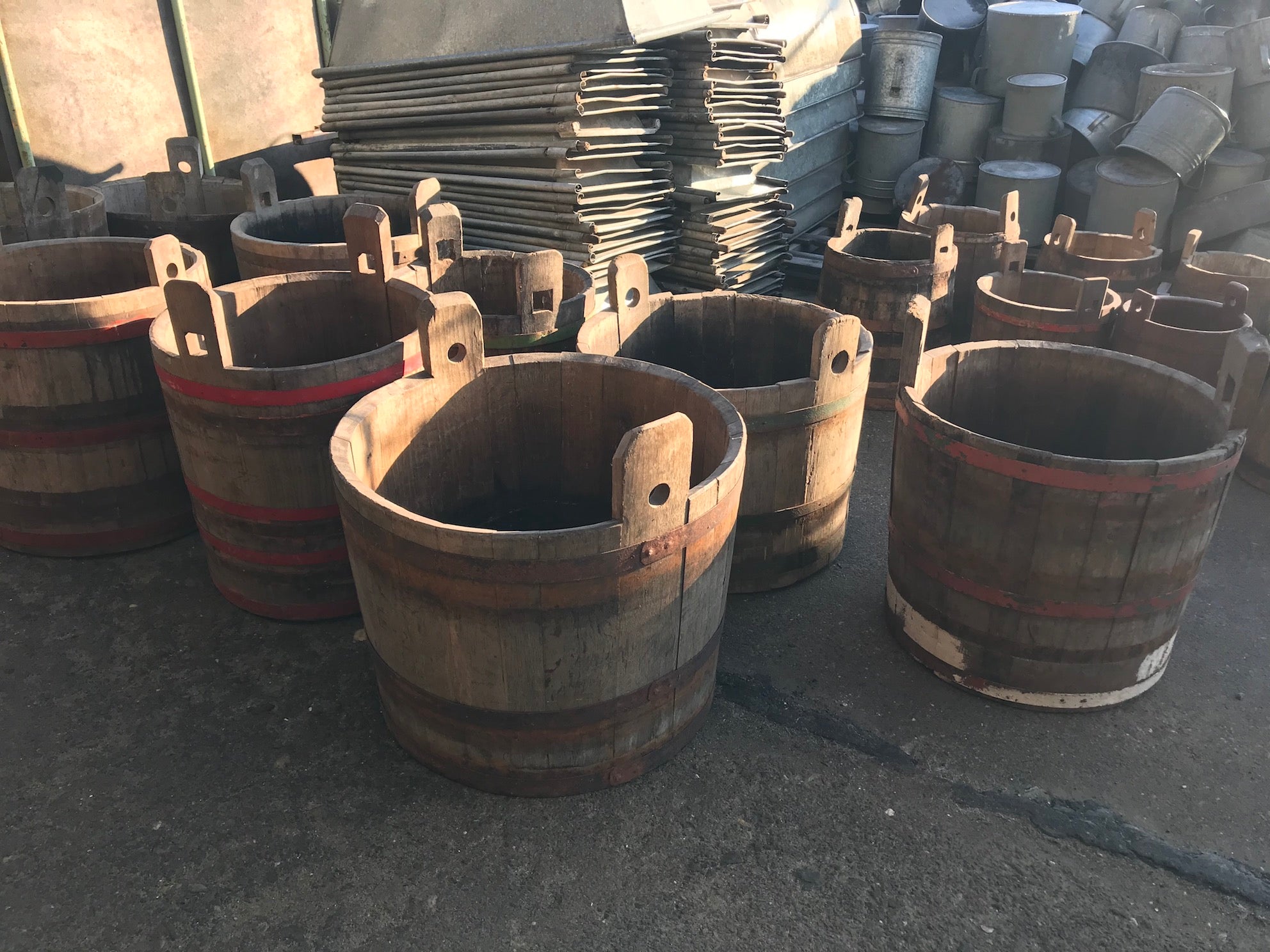 Vintage industrial French oak round wine barrel with 2 handles #2693