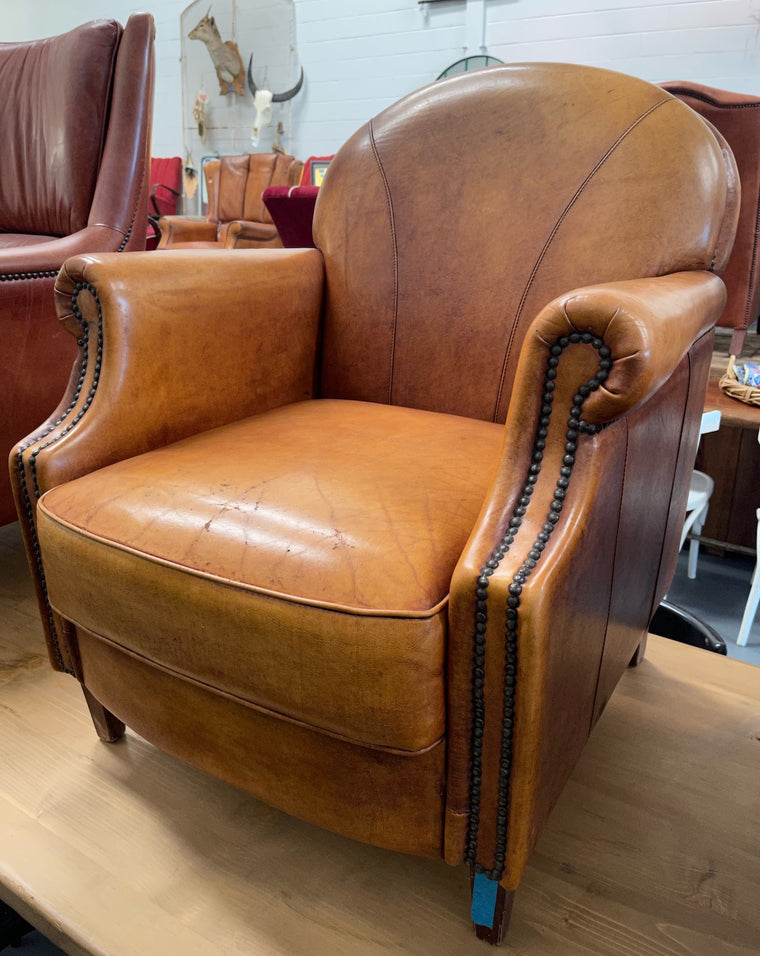Vintage French 1940s Leather Club Chair  #4206 Byron