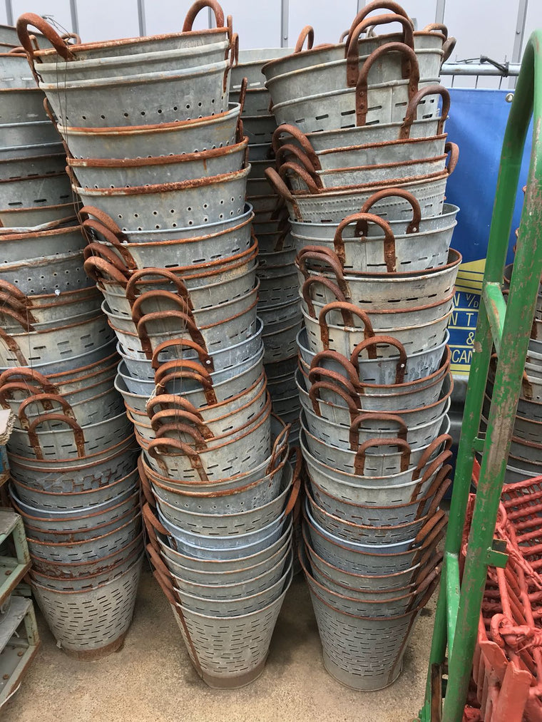 Vintage industrial Turkish olive picking buckets tubs bins #2349