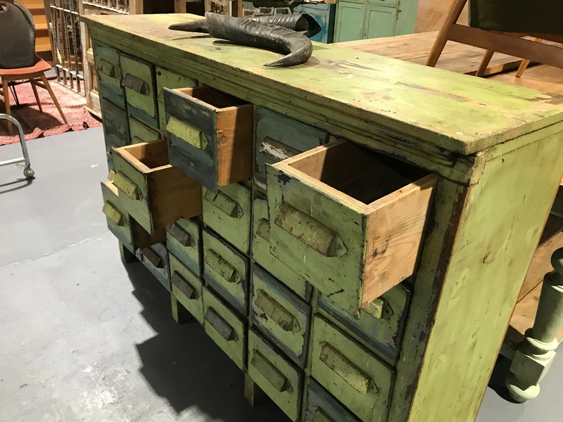 Vintage industrial French 40s wooden bank of drawers #2679 24 drawers