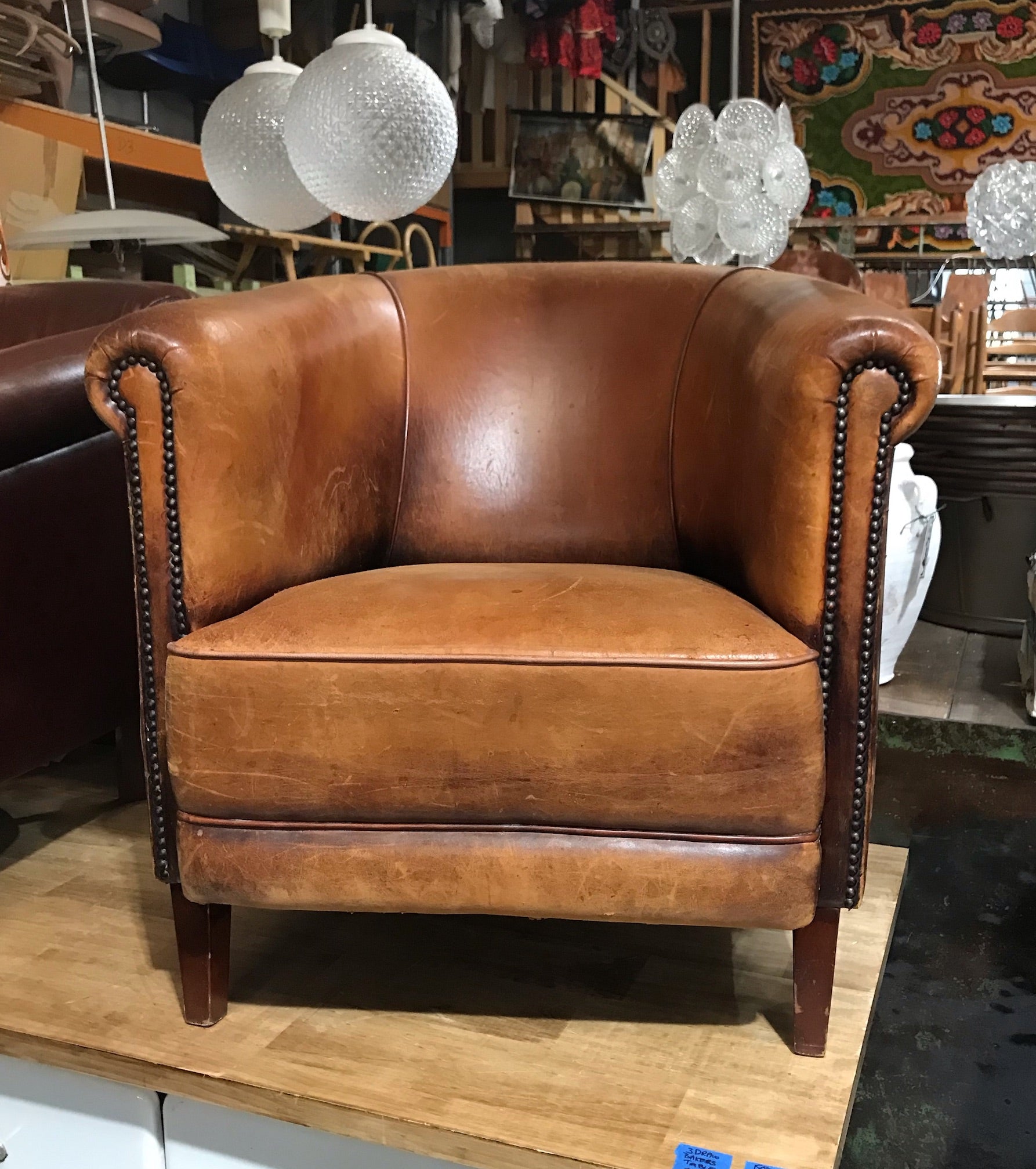 Vintage French 1940s Leather Club Chair  #3650A