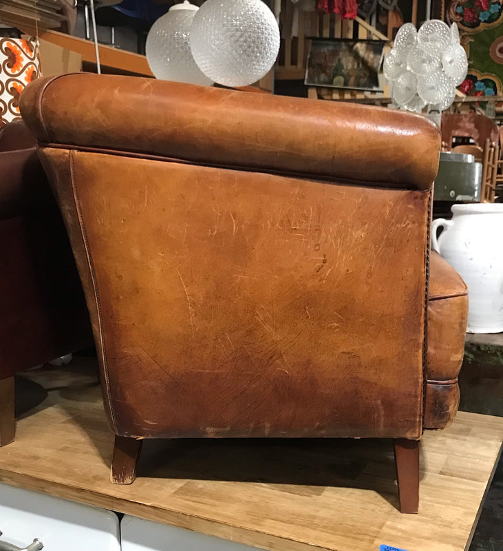 Vintage French 1940s Leather Club Chair  #3650A
