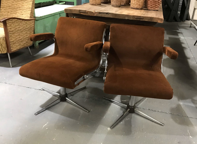 1970s Brown Velvet Swivel Chair Sold as a Set #3661