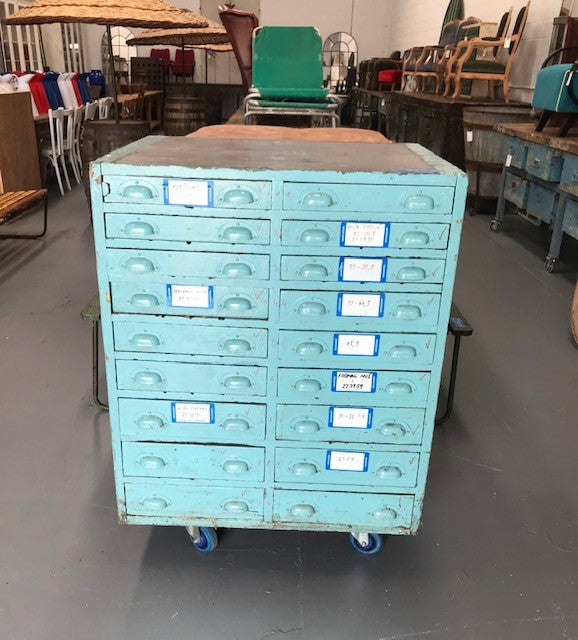 Vintage Industrial European Wooden Bank of Drawers  #3635 Byron