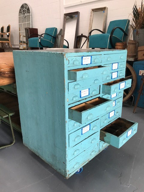 Vintage Industrial European Wooden Bank of Drawers  #3635 Byron