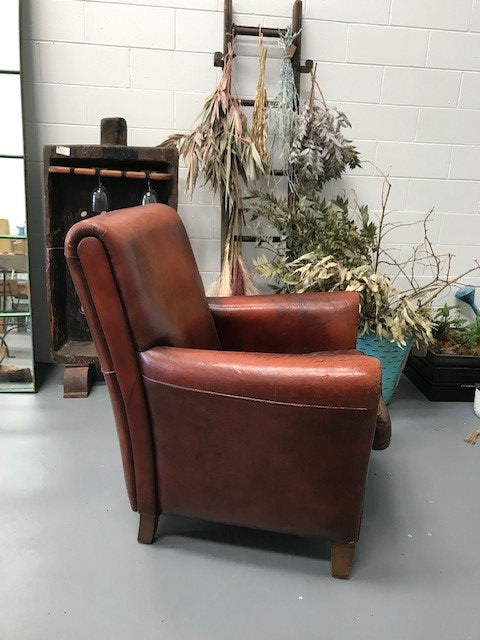 Vintage French 1940s Leather Club Chair  #3658A Byron