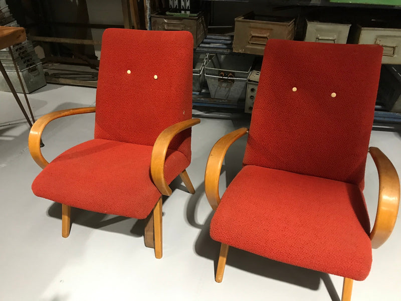 Vintage industrial Czech Halabala club arm chair set #1942 red