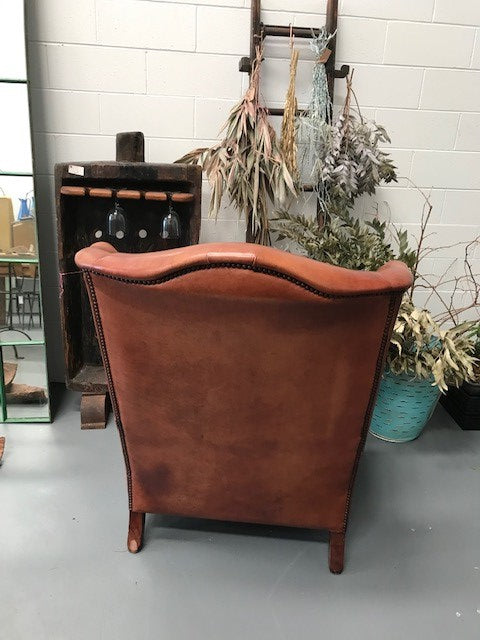 Vintage French 1940s Leather Club Chair  #3658C  Byron