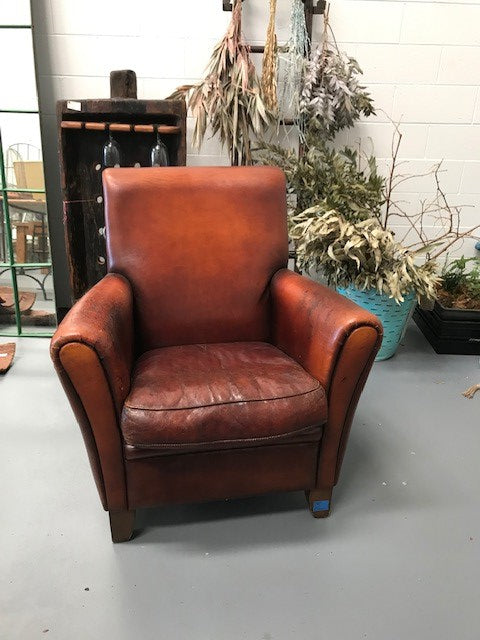 Vintage French 1940s Leather Club Chair  #3658A Byron