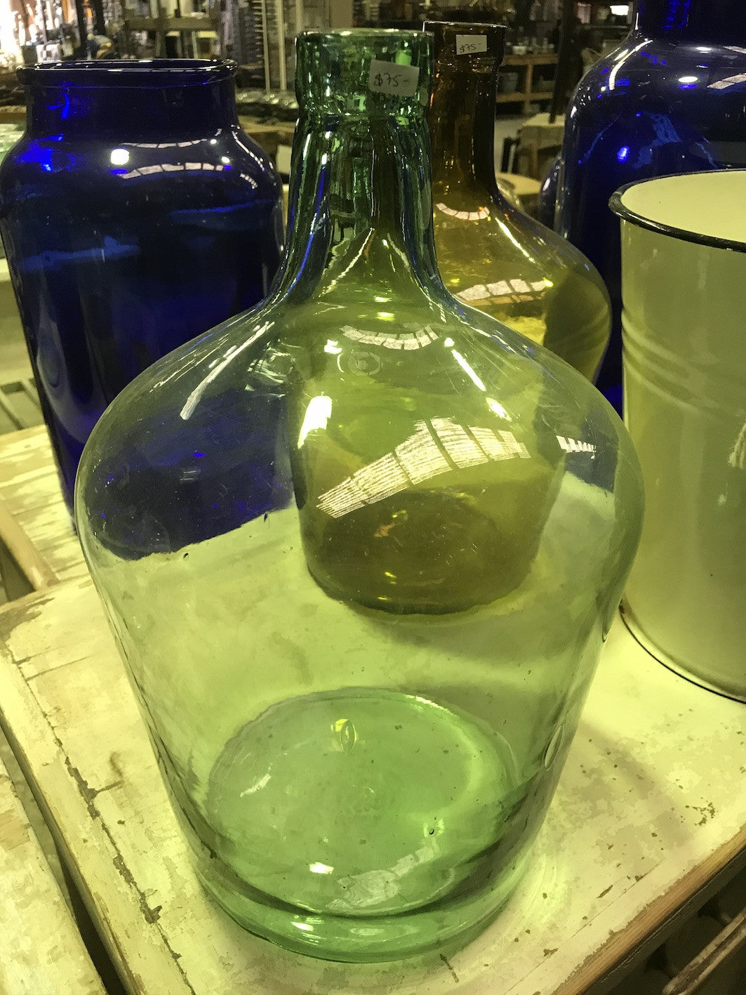 Vintage industrial European demijohn bottles  #1809 lt green